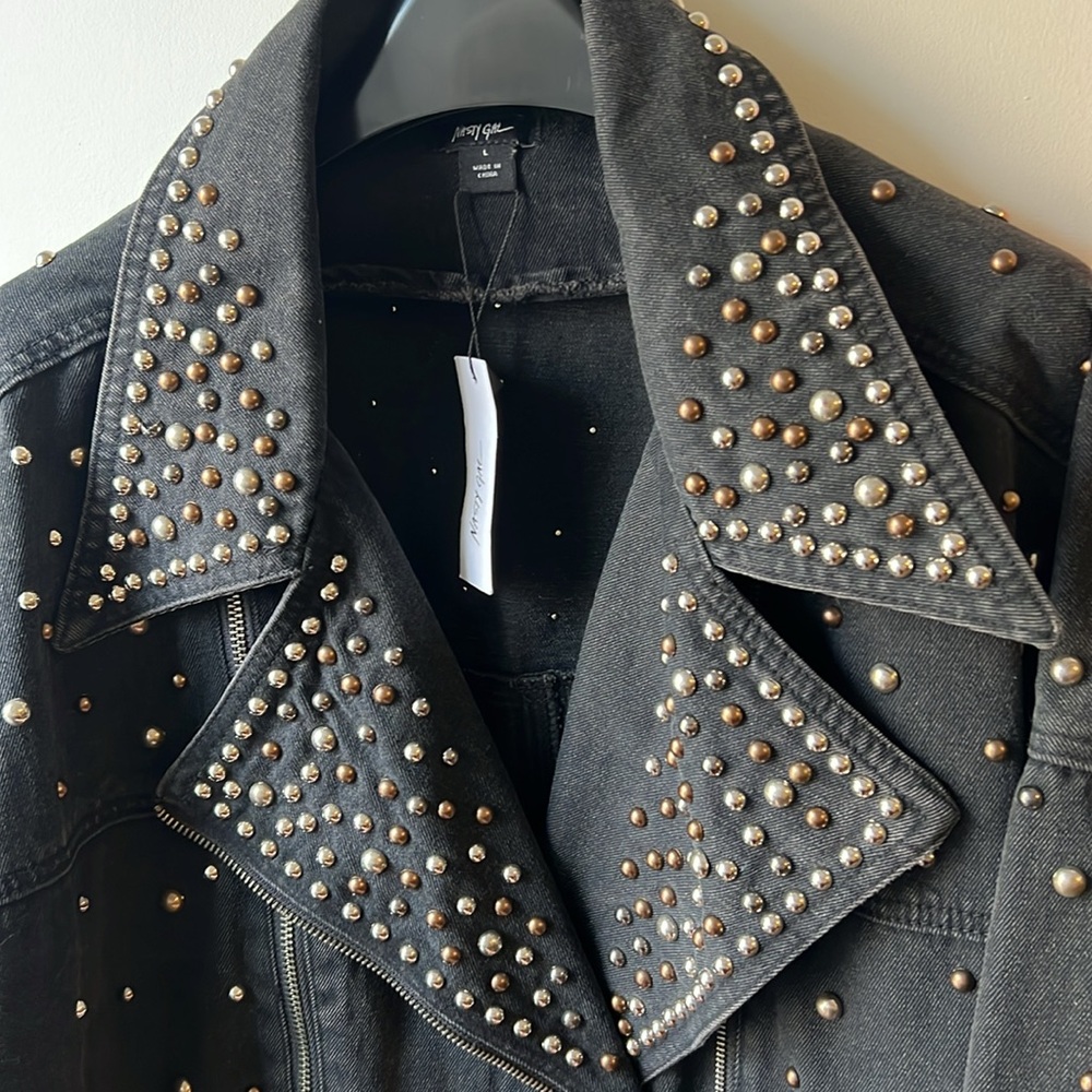 Nasty Gal Studded Black Denim oversize biker Jacket size L - Picture 9 of 9